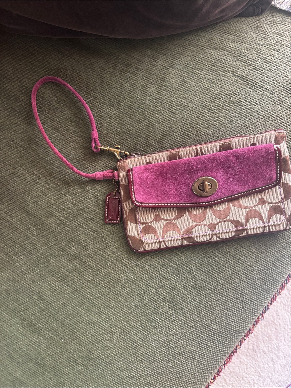 Coach Signature Canvas Wristlet with Purple Suede Flap and Strap